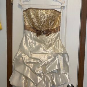 Strapless, mini, gold and white dress